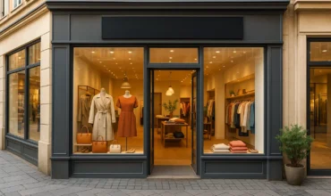 Façade d’un local commercial moderne avec une vitrine attrayante dans un quartier commerçant dynamique